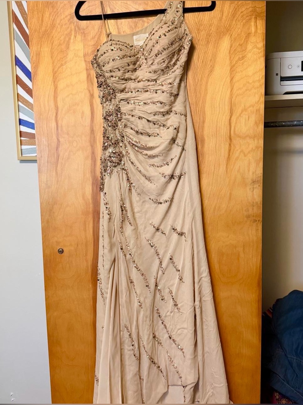 Gold beaded formal maxi dress with one shoulder